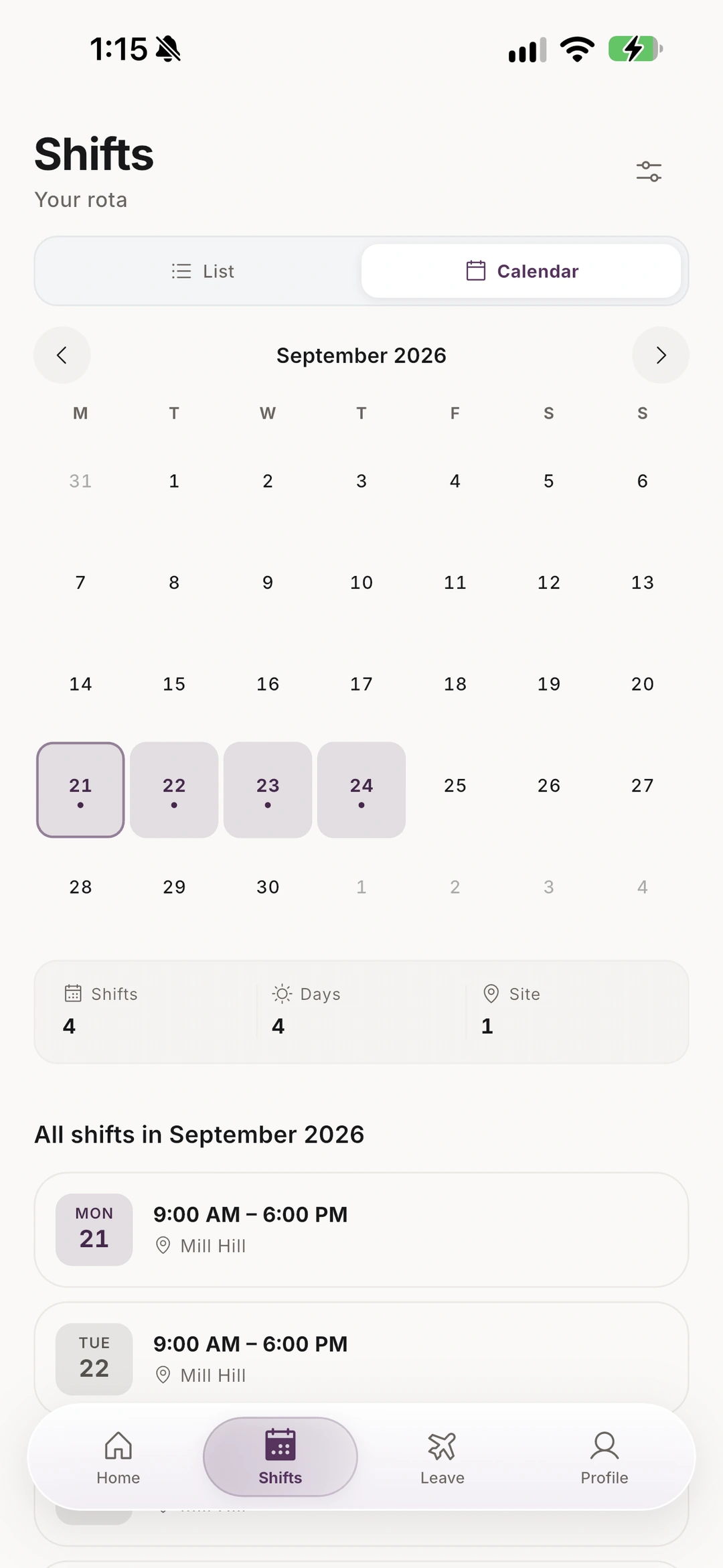 Kimo monthly rota with highlighted working days, shift times and locations.