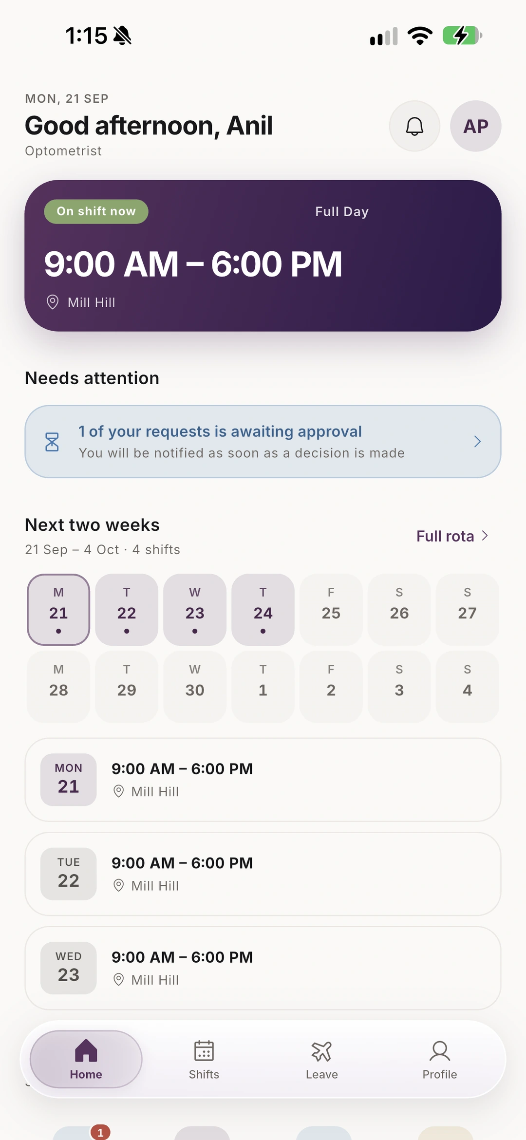 Kimo home: current shift, pending leave request and the next two weeks of work.