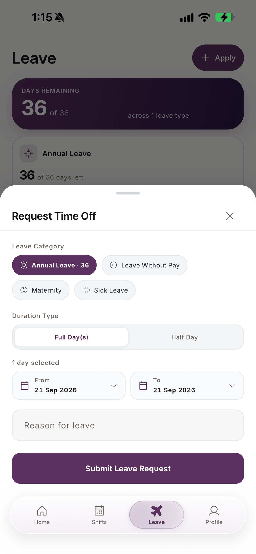 The real Kimo leave form, with leave category, full or half days, separate From and To fields, and a submit button.